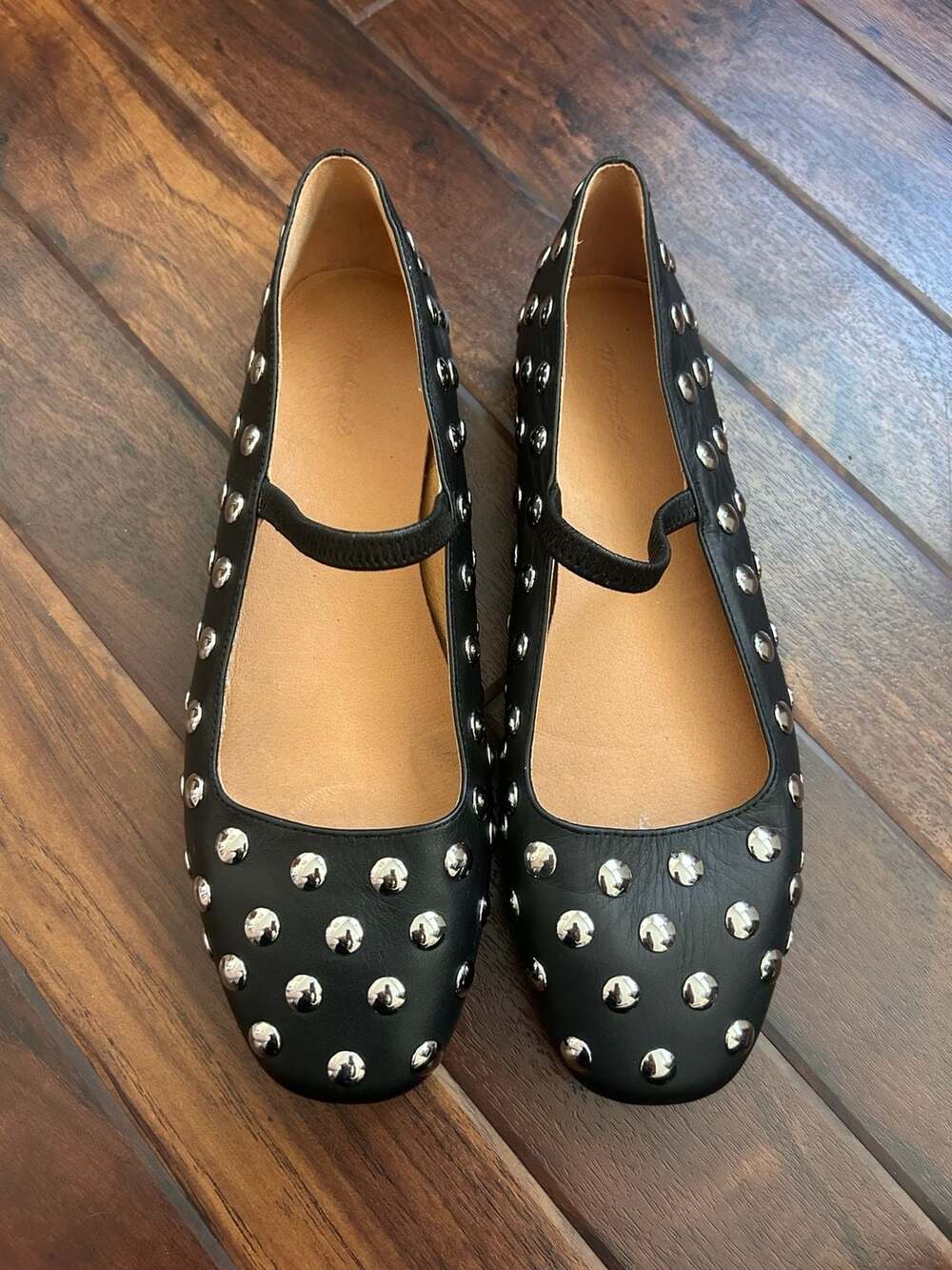 Madewell The Greta Elastic Mary Jane Flats in Stud-Embellished Leather, size 9